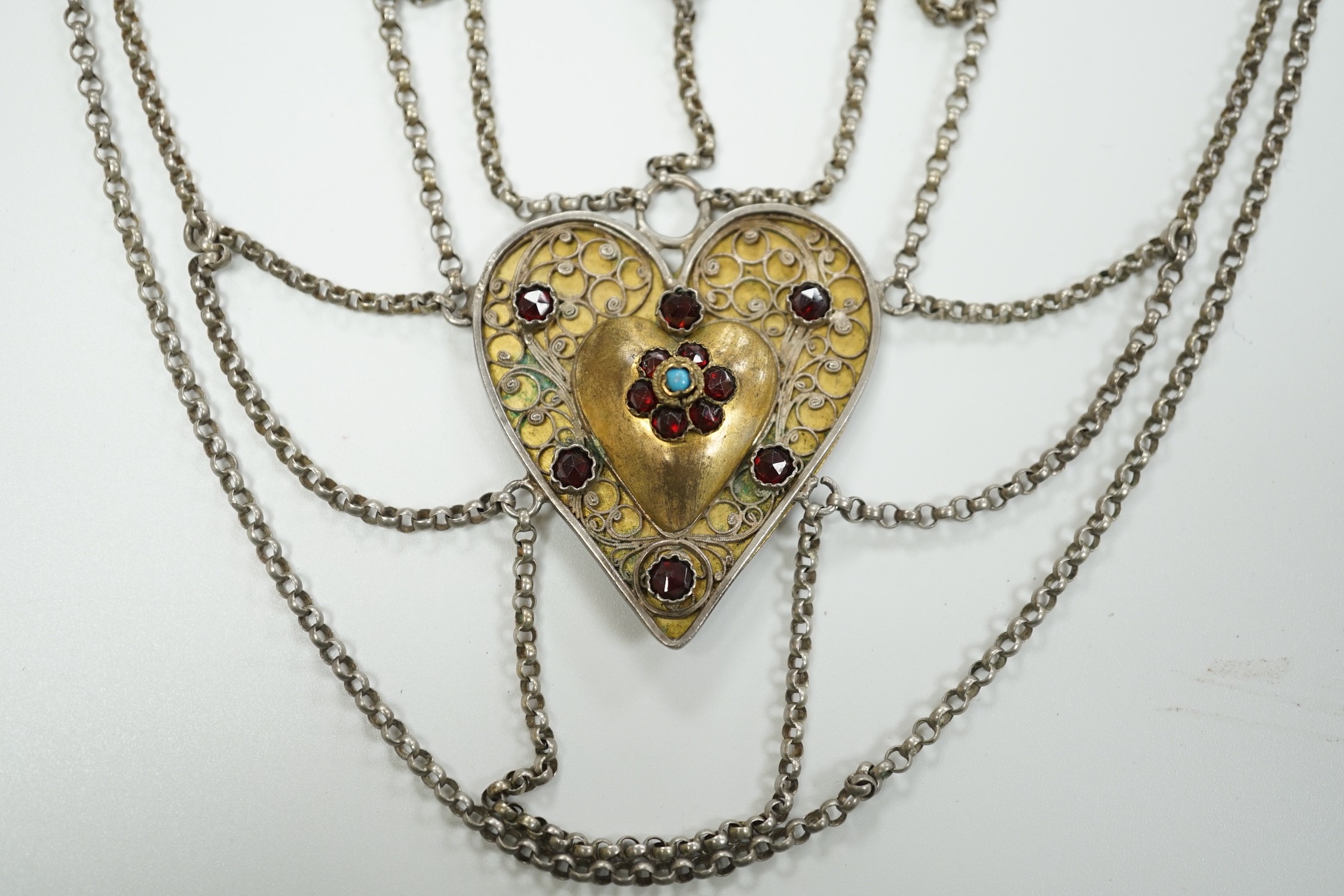 A 19th century Austro-Hungarian? white metal and semi-precious gem set multi chain necklace, 62cm.